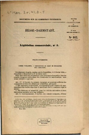 Documens sur le commerce extérieur. Hesse-Darmstadt. Légisalation commerciale. 1. 1844