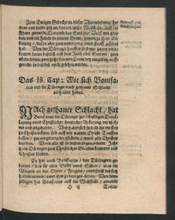 Das 18. Cap: Wie sich Bonifacius und die Düringer nach gethaner Schlacht verhalten haben.