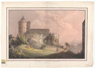 Ansicht der Burg Stolpen, Handzeichnung, um 1800 : Wizani, Johann Friedrich : [Stolpen] / [gefertiget J. F. Wizani der Jüngere]. - Dresden , [um 1800]. - 1 Kunstbl. : kolor. Handzeichng. ; 62 x 40 cm