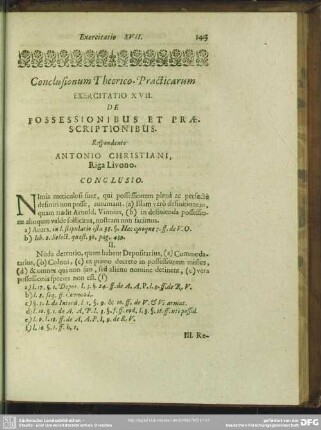 Exercitatio XVII. De Possessionibus Et Praescriptionibus. Respondente Antonio Christiani, Riga Livono
