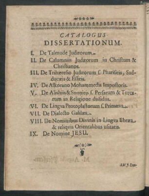 Catalogus Dissertationum.