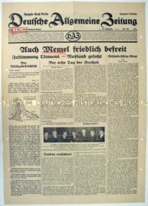 Titelblatt der Tageszeitung "Deutsche Allgemeine Zeitung" zur Wiedereingliederung des Memel-Gebietes in das Deutsche Reich