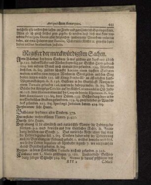 Register der merckwürdigsten Sachen.