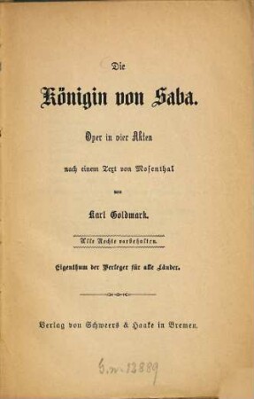 Die Königin von Saba : Oper in vier Akten nach einem Text von Mosenthal ; [Op. 27}