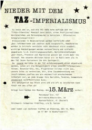 Flugschrift: Nieder mit dem               TAZ-Imperialismus, 1982
