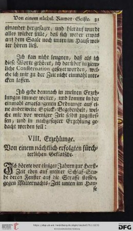 VIII. Erzehlunge: Von einem nächtlich erfolgten fürchterlichen Geklatsche