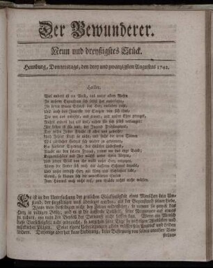 Neun und dreyßigstes Stück. Hamburg, Donnerstags, den drey und zwanzigsten Augustus 1742.
