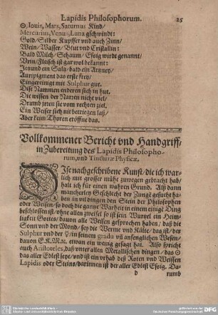 Vollkommener Bericht und Handgriff, in Zubereitung des Lapidis Philosaphorum, und Tincturae Physicae.