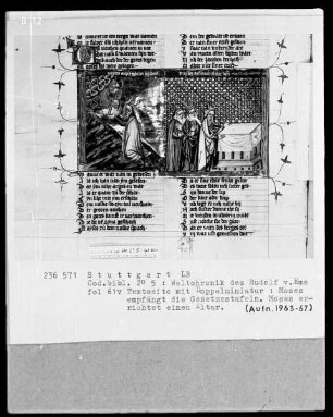 Weltchronik des Rudolf von Ems — Textseite mit Doppelminiatur, Folio 61verso