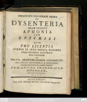 Dissertatio Inauguralis Medica De Dysenteria Quam Excepit Aphonia Cum Epicrisi