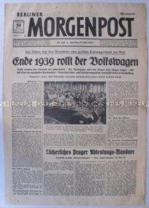 Tageszeitung "Berliner Morgenpost" zur Grundsteinlegung des Volkswagen-Werkes in Wolfsburg durch Hitler