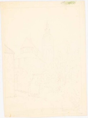 Große Kirche: Perspektivische Ansicht (von Osten?) einer (neo?)gotischen Kirche mit Turm mit gestapelten Tempietti