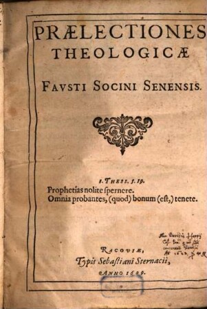 Fausti Socini Praelectiones theologicae