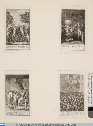 Unten links: Die Staaten von Holland lassen durch einen Abgesandten dem König von Preussen für die hergestellte Ruhe danken.