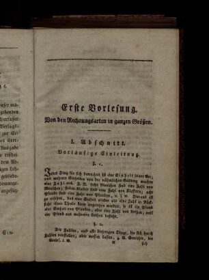 Erste Vorlesung. Von den Rechnungsarten in ganzen Größen.