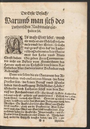 Die Erste Ursach/ Warumb man sich des Lutherischen Nachtmals enthalten sol.