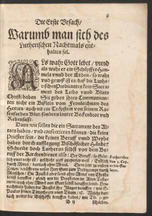 Die Erste Ursach/ Warumb man sich des Lutherischen Nachtmals enthalten sol.