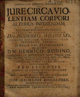 Dissertatio iuridica inauguralis de iure circa violentiam corpori alterius inferendam