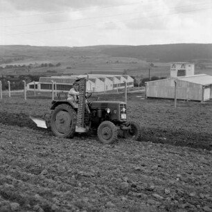 Traktor beim Eggen eines Feldes, im Hintergrund Teilansicht eines Dorfes