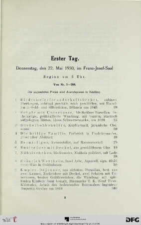 Erster Tag: Donnerstag, den 22. Mai 1930, im Franz-Josef-Saal, Beginn um 3 Uhr (Nr. 1-280)