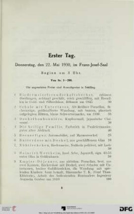 Erster Tag: Donnerstag, den 22. Mai 1930, im Franz-Josef-Saal, Beginn um 3 Uhr (Nr. 1-280)