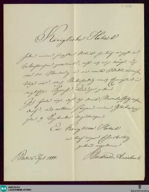 Brief von Berthold Auerbach an Großherzog Friedrich I. von Baden vom 06.09.1880 - K 3289