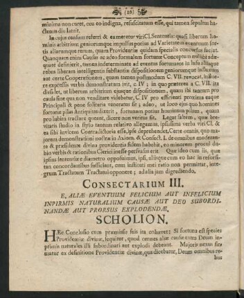 Consectarium III. E. Aliae Eventuum Felicium Aut Infelicium Inpirmis Naturalium Causae Aut Deo Subordinandae Aut Prorsus Explodendae