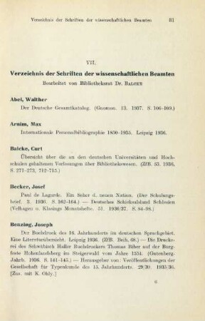 VII. Verzeichnis der Schriften der wissenschaftlichen Beamten