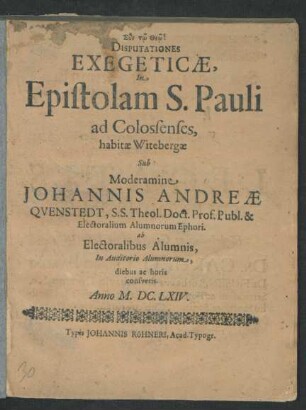 Disputationes Exegeticae, In Epistolam S. Pauli ad Colossenses