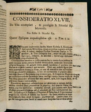 367-376, CONSIDERATIO XLVII. De Vita exemplari, & prodigiis S. Nicolai Ep. Myrensis.