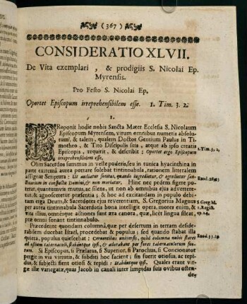 367-376, CONSIDERATIO XLVII. De Vita exemplari, & prodigiis S. Nicolai Ep. Myrensis.