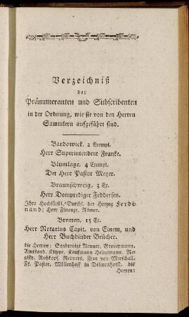 Verzeichniß der Pränumeranten und Subscribenten[...]