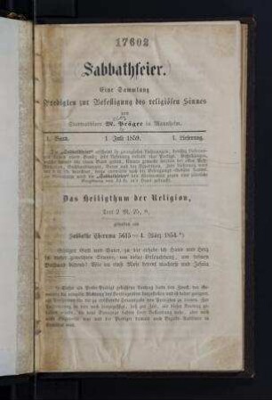 Sabbathfeier : eine Sammlung Predigten zur Befestigung des religiösen Sinnes / von M. Präger