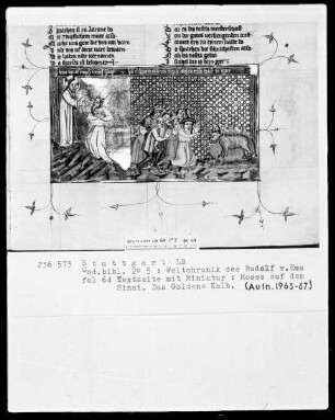 Weltchronik des Rudolf von Ems — Textseite mit Doppelminiatur, Folio 64recto