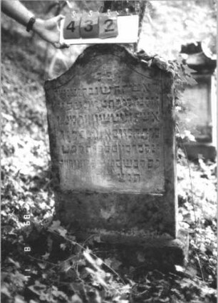 Grabstein 432 (Index: 99800262) Material: Sandstein Zustand: stark verwittert, teilw. Textverlust Maße HxBxT: 104x58x12 cm Beschreibung: Stele, geschwungener Bogenabschluß, Schriftfeld eingetieft, Sockel: Grabstein 432