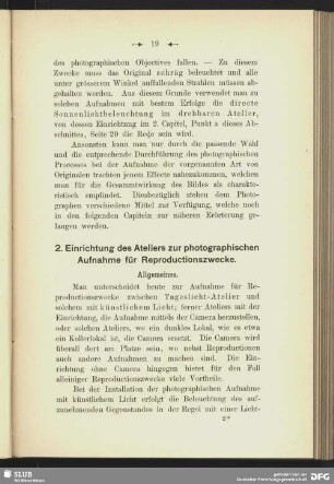 2. Einrichtung des Ateliers zur photographischen Aufnahme für Reporductionszwecke
