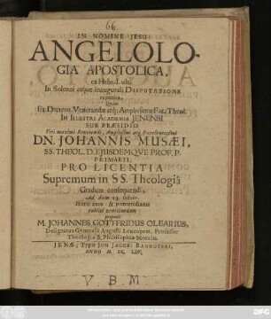 Angelologia Apostolica, ex Hebr. I. ult. : In Solenni atque inaugurali Diputatione repetita