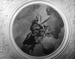 Heilige Agatha : Heilige Agatha. Wandmalerei (1722; J. B. Zimmermann). Mödingen. Ehemaliges Dominikanerinnenkloster Maria Mödingen. Klosterkirche Mariä Himmelfahrt, Emporenunterseite