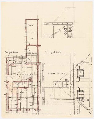Arbeiterwohnhaus mit Stall: Grundrisse EG und OG, Ansicht, Schnitte DG und Treppen