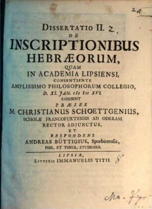 Dissertatio II. De Inscriptionibus Hebraeorum