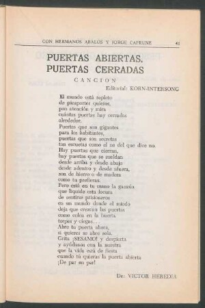 Puertas abiertas, puertas cerradas : Canción. - Editorial Lagos