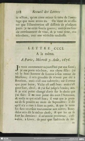 Lettre CCCI. A la même. A Paris, Mécredi 5. Août, 1676