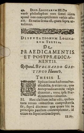 Disputationum Logicarum Tertia. De Praedicamentis.