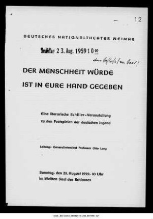 Eine literarische Schiller-Veranstaltung zu den Festspielen der deutschen Jugend