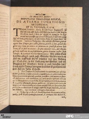 Disputatio Theologiae Biblicae, De Aeterna Vocationis Oeconomia.