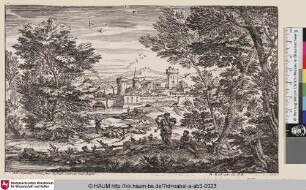 [Landschaft mit Paar im Vordergrund, dahinter ein Schafhirte mit Herde vor einer größeren Stadt mit Brücke über einen Fluss; View of a Village, Shepherd with Sheep, and a Woman and Man; Le troupeau au milieu de la planche]