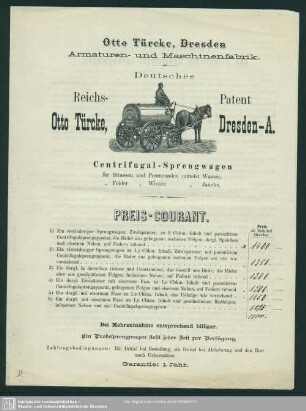 Centrifugal-Sprengwagen für Strassen und Promenaden mittelst Wasser, [für] Felder [und] Wiesen [mittelst] Jauche : Otto Türcke, Dresden Armaturen- und Maschinenfabrik; Deutsches Reichs-Patent Otto Türcke, Dresden-A.; [Dresden, den 13. September 1877]