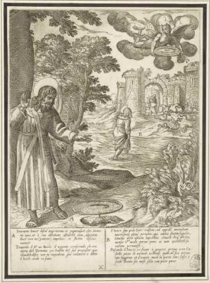 Antonius Abbas wird mit einem Silberteller in Versuchung geführt (Blatt 10 der Folge zum Leben des Antonius Abbas)