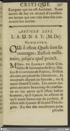 Article LXVI. Launay. (M. De)