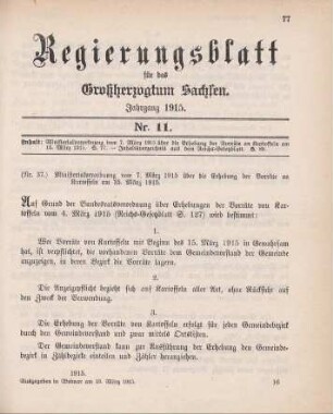 Nr. 37: Ministerialverordnung vom 7. März 1915 über die Erhebung der Vorräte an Kartoffeln am 15. märz 1915